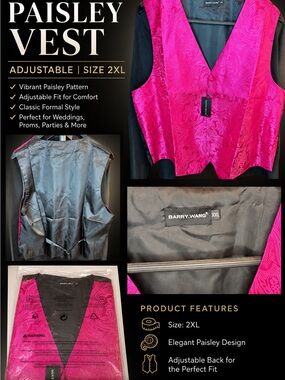Barry Wang 2XL Hot Pink Paisley Adjustable Vest